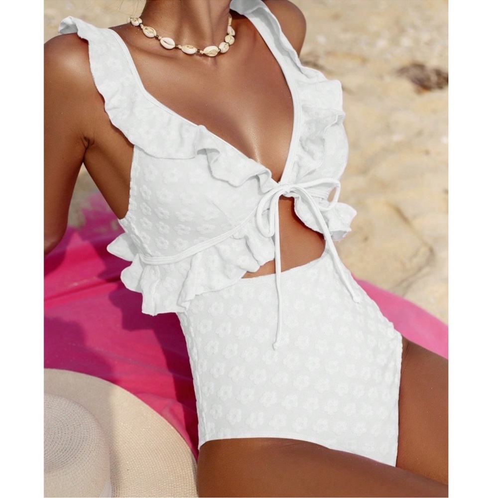 White Floral Textured Print Cut Out Monokini One Piece Swimsuit S M L XL